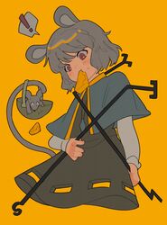  ! animal_ears basket biting capelet cheese dress eating female food grey_dress grey_hair highres jewelry korean_commentary mouse_(animal) mouse_ears nazrin pendant rbfnrbf_(mandarin) red_eyes short_hair simple_background speech_bubble sweatdrop tail touhou yellow_background 