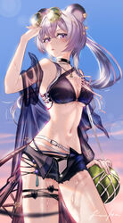  absurdres adjusting_eyewear animal_ears arknights bikini black_bikini black_shorts blue_sky blush breasts cleavage evening eyewear_on_head female green-tinted_eyewear hair_between_eyes hand_on_eyewear highres large_breasts lin_(arknights) mouse_ears navel open_clothes open_shorts outdoors purple_eyes purple_hair rau_ma_(the_rauma001) short_shorts shorts signature sky solo sunglasses swimsuit tinted_eyewear 