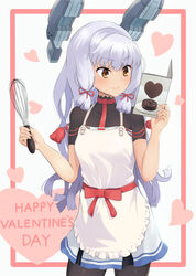  apron black_pantyhose blush brown_eyes chocolate commentary cooking dessert dress female food grey_hair hair_ribbon hands_up happy_valentine headgear heart highres holding holding_whisk kantai_collection long_hair looking_at_object murakumo_(kancolle) murakumo_kai_ni_(kancolle) necktie ochikata_kage pantyhose red_necktie red_ribbon ribbon short_sleeves sidelocks solo tress_ribbon valentine whisk 