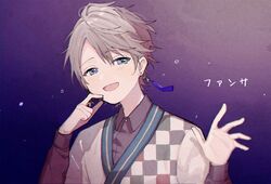  1boy ame_ame blue_eyes brown_hair checkered earrings jewelry kaida_haru kaida_haru_(1st_costume) long_sleeves male_focus nijisanji open_mouth puffy_long_sleeves puffy_sleeves short_hair solo virtual_youtuber 