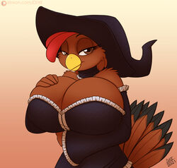  anthro avian beak big_breasts bird breasts brown_body brown_feathers chicken clothed clothing digital_media_(artwork) drxii feathers female galliform gallus_(genus) halloween hat headgear headwear hi_res holidays huge_breasts looking_at_viewer non-mammal_breasts phasianid rhode_island_red ruthie_(grimmagent) solo witch_costume witch_hat 