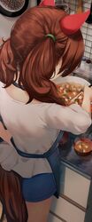  alternate_costume animal_ears apron brown_hair casual cooking female food from_behind highres horse_ears horse_girl horse_tail kitchen medium_hair nape nice_nature_(umamusume) ponnu_(nikeytina) pot pov short_twintails solo soup tail twintails umamusume 