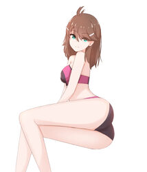  ass bikini black_bikini breasts brown_hair chirun0 eyes_visible_through_hair feet_out_of_frame female green_eyes highres long_hair long_legs looking_at_viewer medium_breasts pink_bikini shion_uzuki simple_background smile solo swimsuit two-tone_bikini white_background xenosaga 