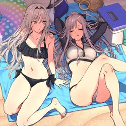  2girls ak-12_(age_of_slushies)_(girls&#039;_frontline) ak-12_(girls&#039;_frontline) an-94_(girls&#039;_frontline) arms_up bag bare_legs barefoot beach_towel bikini black_bikini breasts closed_eyes collarbone cooler foot_out_of_frame frilled_bikini frills girls&#039;_frontline grey_hair groin handbag innertube large_breasts looking_at_another lying mat multiple_girls navel official_alternate_costume on_back outdoors ponytail rash_guard sand shoukaki_(earthean) side-tie_bikini_bottom small_breasts smile straight_hair swim_ring swimsuit thighs towel 