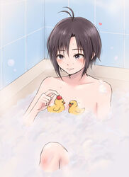  antenna_hair bath bathing bathtub black_hair blush bubble_bath convenient_censoring female heart highres idolmaster idolmaster_(classic) iso_(nh15mint) kikuchi_makoto rubber_duck short_hair smile solo sweat tile_wall tiles 