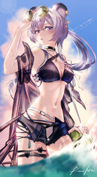  absurdres adjusting_eyewear animal_ears arknights bikini black_bikini black_shorts blue_sky blush breasts cleavage eyewear_on_head female green-tinted_eyewear hair_between_eyes hand_on_eyewear highres large_breasts lin_(arknights) mouse_ears navel open_clothes open_shorts outdoors purple_eyes purple_hair rau_ma_(the_rauma001) short_shorts shorts signature sky solo sunglasses swimsuit tinted_eyewear wading water 