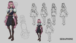  absurdres alternate_costume ascot belt black_pants boots brown_belt brown_footwear brown_gloves brown_legwear commentary english_commentary female full_body gloves goggles goggles_on_head grey_background hand_up highres league_of_legends long_hair mole mole_under_eye multiple_views pants pink_hair puffy_short_sleeves puffy_sleeves seraphine_(league_of_legends) short_sleeves simple_background single_glove thigh_boots thighhighs twintails vest vincent_t_(oriaarts) 