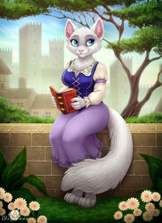  anthro blue_eyes book building castle clothed clothing cloud dolphydolphiana domestic_cat dreamworks dress dulcinea_(puss_in_boots) felid feline felis female flower fluffy fluffy_tail grass hi_res holding_book holding_object house leaf looking_away mammal pink_nose plant puss_in_boots_(dreamworks) sitting_on_wall sky smile solo tail tree 