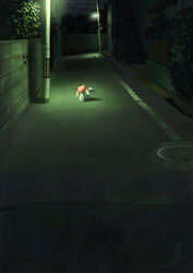  bad_id bad_pixiv_id building cable commentary creature glowing glowing_eyes highres kyuubee lamppost looking_at_viewer mahou_shoujo_madoka_magica mahou_shoujo_madoka_magica_(anime) manhole_cover night no_humans outdoors papi_(papiron100) plant power_lines road shadow signature solo stairs street tree utility_pole window 