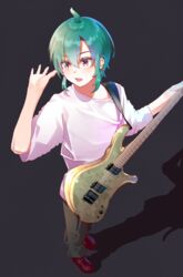  1other :o ahoge androgynous aqua_hair bad_id bad_pixiv_id black_pants ear_piercing full_body grey_background guitar guitaro_(yabasaki_taro) hair_between_eyes hand_up highres holding holding_instrument instrument looking_away nijisanji other_focus pants piercing purple_eyes red_footwear ryuushen shadow shirt short_hair sidelocks solo standing virtual_youtuber white_shirt 