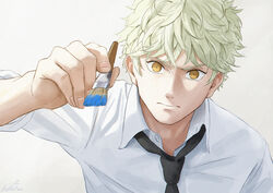  1boy bad_id bad_pixiv_id black_necktie blonde_hair blue_period closed_mouth facing_viewer holding holding_paintbrush male_focus necktie paintbrush papi_(papiron100) shirt short_sleeves simple_background solo spiked_hair upper_body white_background white_shirt yaguchi_yatora yellow_eyes 