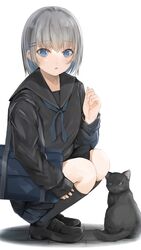  absurdres bag black_serafuku black_skirt black_socks blue_eyes blush bobby_pin feline female grey_hair highres looking_at_viewer open_mouth original school_bag school_uniform serafuku shoes short_hair sidelocks simple_background skirt socks solo squatting tomura2maru white_background 