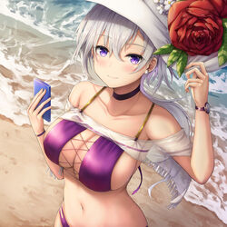  azur_lane bare_shoulders beach bikini breasts buran_(22x) cellphone choker cleavage cross-laced_bikini cross-laced_clothes earrings female hair_between_eyes hat highres holding holding_phone jewelry large_breasts large_hat long_hair looking_at_viewer navel official_alternate_costume outdoors phone ponytail purple_bikini purple_eyes reno_(azur_lane) reno_(summer_spin-off)_(azur_lane) skindentation smartphone solo sun_hat swimsuit 