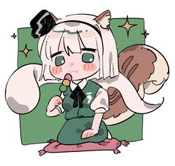  animal_ear_fluff animal_ears black_bow blush bow cushion dango eating female food ghost ghost_tail green_background green_eyes green_jacket green_skirt jacket kemonomimi_mode konpaku_youmu korean_commentary oden pillow rbfnrbf_(mandarin) seiza short_hair simple_background sitting sketchbook skirt solo sparkle squirrel_ears squirrel_tail tail tassel touhou wagashi white_background white_hair zabuton 