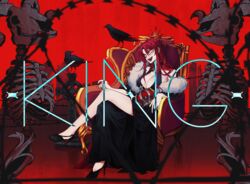  bad_id bad_pixiv_id bird black_dress black_lips breasts celtic_cross cleavage cow_skull cross crossed_legs crow crown diavolo dress female fur-trimmed_collar fur_trim genderswap_(mtf) green_eyes high_heels highres jojo_no_kimyou_na_bouken king_(vocaloid) large_breasts long_hair polka_dot_hair red_hair rule_63 sempon_(doppio_note) sitting skeleton solo vento_aureo 