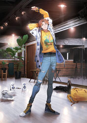  1boy backpack backpack_removed bag blue_footwear blue_pants blue_shirt bottle brown_hair clock closed_mouth denim door hand_up hands_above_head highres indoors jeans light_and_night_love long_sleeves male_focus mirror official_art open_clothes open_shirt pants plant potted_plant reflection ryota-h shirt shoes shoes_removed smile sneakers solo speaker stretch torn_clothes torn_pants wall_clock white_shirt yellow_eyes 