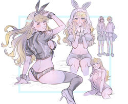  2boys animal_ears animal_hat animal_hood animal_slippers arm_support arm_up bed_sheet black_bra black_hair black_panties black_shirt black_thighhighs blonde_hair blue_eyes blush bra breasts clothes_writing cropped_shirt dual_persona fake_animal_ears female floating_hair genderswap_(mtf) hands_on_own_cheeks hands_on_own_face hands_up hat highres holding holding_pillow hood hood_up hoodie inukai_sumiharu kuzumiya_yuyu long_hair long_sleeves multiple_boys multiple_views naked_sweater navel no_pants on_bed open_mouth outside_border panties pillow puffy_short_sleeves puffy_sleeves rabbit_ears rabbit_hat revealing_clothes ribbed_sweater rule_63 shirt short_hair short_sleeves shorts sleeveless sleeveless_sweater slippers standing stuffed_dinosaur sweater thighhighs tsuji_shinnosuke turtleneck turtleneck_sweater underwear white_background white_hoodie white_shorts world_trigger wrist_cuffs 