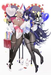  2girls :o absurdres animal_ears blue_eyes blue_hair blue_ribbon bottle braid breast_press breasts card collarbone commentary covered_navel dark_skin detached_collar drink full_body hair_ribbon high_heels highres jacket kaoruko_(unkrk55) large_breasts looking_to_the_side multiple_girls muscular muscular_female oerba_yun_fang original pale_skin pantyhose pink_ribbon playboy_bunny purple_hair rabbit rabbit_ears red_eyes ribbon short_hair side_braid single_braid skin_tight skindentation symmetrical_docking tan thigh_strap tray white_hair wine_bottle 