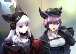  2girls :d animal_ears arknights bare_shoulders beret black_headwear black_jacket collar commentary_request dur-nar_(arknights) e-bushi fox_ears frostleaf_(arknights) grey_shirt hat highres jacket long_hair long_sleeves looking_at_another multiple_girls off-shoulder_shirt off_shoulder open_clothes open_jacket open_mouth purple_eyes purple_hair red_eyes red_jacket shirt smile upper_body white_hair white_shirt 