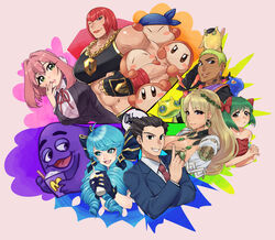  4boys 4girls 6+others absurdres androgynous annotation_request armor bandana_waddle_dee biceps black_gloves black_hair black_sports_bra blonde_hair blue_bow blue_eyes blue_gloves blue_hair blue_jacket blue_suit blush blush_stickers bow braid breasts brown_eyes chain_necklace chains collared_shirt color_coordination color_wheel color_wheel_challenge commentary_request copy_ability crossover crown_braid dark-skinned_male dark_skin demeter_(fate) detached_sleeves dizzy_(valorant) dress drill_hair earrings fate/grand_order fate_(series) feathers fingerless_gloves flower gekko_(valorant) gloves gold_chain green_eyes green_hair grimace_(mcdonald&#039;s) gwen_(league_of_legends) gyakuten_saiban hair_flower hair_ornament hairbow hanazono_hakari hand_wraps head_wreath highres jacket jewelry kimi_no_koto_ga_dai_dai_dai_dai_daisuki_na_100-nin_no_kanojo kirby_(series) large_breasts laurel_crown league_of_legends long_hair long_sleeves looking_at_viewer marisa_(street_fighter) mcdonald&#039;s medium_hair milkshake minase_itsuki_(vs_janshi_brand-new_stars) multiple_boys multiple_crossover multiple_drawing_challenge multiple_girls multiple_others muscular muscular_female naruhodou_ryuuichi neck_tattoo necklace necktie one_eye_closed open_mouth otoko_no_ko partially_annotated pauldrons pink_hair purple_eyes red_bow red_dress red_hair red_necktie ruga_(vagryu) school_uniform shirt short_hair shoulder_armor smile spiked_hair sports_bra street_fighter street_fighter_6 suit tall_female tattoo thrash_(valorant) toon_(style) triceps twin_drills twintails upper_body valorant veins veiny_arms vs_janshi_brand-new_stars waddle_dee white_feathers white_shirt white_sleeves wingman_(valorant) 