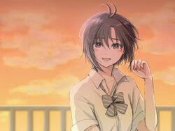  :d antenna_hair black_hair bow bowtie female idolmaster idolmaster_(classic) iso_(nh15mint) kikuchi_makoto looking_at_viewer open_mouth outdoors purple_eyes railing school_uniform short_hair smile solo sunset upper_body 