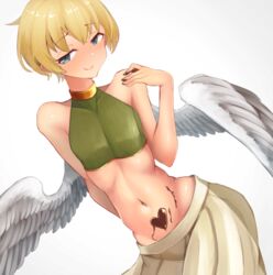  1boy androgynous angel_wings aqua_eyes bare_shoulders blonde_hair candy chocolate chocolate_on_body doro9363 elona feathered_wings food food_on_body heart heart-shaped_chocolate highres kumiromi_of_harvest looking_at_viewer male_focus navel otoko_no_ko short_hair smile solo valentine white_wings wings 