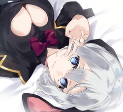  animal_ears aogiri_koukou bed_sheet black_shirt blue_eyes bow bowtie breasts cleavage cleavage_cutout clothing_cutout female hair_between_eyes heart_cutout large_breasts long_sleeves looking_at_viewer lying on_back rabbit_ears red_bow shirt short_hair solo tsushi upper_body v virtual_youtuber white_hair yamaguro_nekuro 