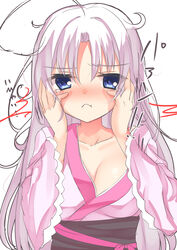  :&lt; absurdres ahoge black_sash blue_eyes blush breasts cleavage collarbone commentary female frilled_kimono frills frown hands_on_own_cheeks hands_on_own_face highres japanese_clothes kimono large_breasts long_hair long_sleeves looking_at_viewer messy_hair nose_blush off_shoulder one-hour_drawing_challenge parted_bangs pink_kimono sash segaxtu senren_banka sidelocks simple_background sleepy solo sound_effects straight_hair tears tomotake_yoshino translated upper_body very_long_hair white_background white_hair wide_sleeves 