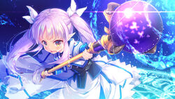  black_gloves blue_background blue_hair blush commentary cosplay elf female fingerless_gloves gloves hair_ribbon holding holding_staff kyoka_(princess_connect!) long_hair long_skirt looking_at_viewer lyrical_nanoha magic_circle mahou_shoujo_lyrical_nanoha masaki_kei open_mouth pointy_ears princess_connect! purple_hair ribbon simple_background skirt solo staff takamachi_nanoha takamachi_nanoha_(cosplay) takamachi_nanoha_(exelion_mode) twintails v-shaped_eyebrows water white_skirt yellow_eyes 