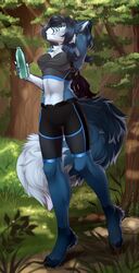  2020 4_toes 5_fingers anthro bastika black_nose blue_body blue_fur blue_hair borophagine canid canine countershading day detailed_background digital_media_(artwork) digitigrade epicyon eyebrows eyelashes feet female female_anthro fingers forest fox fur grass hair hi_res hybrid mammal midriff milly_(millcore) navel outside plant solo toes tree 