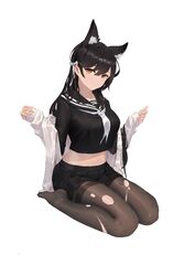  animal_ear_fluff animal_ears atago_(azur_lane) azur_lane black_hair black_pantyhose black_sailor_collar black_serafuku black_shirt black_skirt commentary cosplay crop_top crop_top_overhang extra_ears female long_hair midriff miniskirt mole mole_under_eye neckerchief official_alternate_costume open_clothes orange_eyes pantyhose pleated_skirt ribbon sailor_collar school_uniform serafuku shirt simple_background sitting skirt solo takao_(azur_lane) takao_(azur_lane)_(cosplay) takao_(school_romanza)_(azur_lane) thighband_pantyhose torn_clothes torn_pantyhose wariza white_background white_neckerchief white_ribbon yigali_xinji 