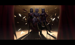  4girls absurdres ahri_(league_of_legends) akali alternate_costume black_choker breasts character_request check_character choker cleavage collarbone earrings evelynn_(league_of_legends) garter_straps glowing glowing_eyes hair_over_one_eye hand_on_own_hip highres jacket jewelry k/da_(league_of_legends) kai&#039;sa league_of_legends letterboxed long_hair long_sleeves looking_at_viewer multiple_girls on_one_knee open_clothes open_jacket pants parted_bangs red_jacket red_pants short_hair standing thighhighs vincent_t_(oriaarts) 