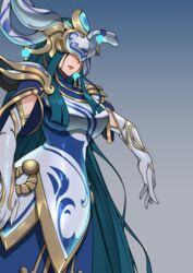  armor black_hair blue_background blue_dress breasts closed_mouth dress elbow_gloves eye_mask female gloves gradient_background grey_dress grey_gloves highres korean_commentary league_of_legends lissandra_(league_of_legends) long_hair moumring_(moumring0324) official_alternate_costume porcelain_lissandra shoulder_armor very_long_hair 