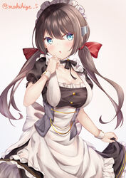  absurdres apron aqua_eyes azur_lane back_bow black_hair bow breasts cleavage commentary_request female frilled_hairband frills glasgow_(azur_lane) hairband highres low_twintails maid maid_apron maid_headdress makihige medium_breasts neck_garter short_sleeves simple_background solo twintails twitter_username two-tone_dress white_apron white_background wrist_cuffs 