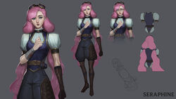  absurdres alternate_costume ascot bandaged_arm bandages belt black_pants brown_belt brown_footwear brown_gloves brown_legwear character_name commentary english_commentary female full_body gloves goggles goggles_on_head grey_background hand_up highres league_of_legends long_hair mole mole_under_eye multiple_views pants pink_hair puffy_short_sleeves puffy_sleeves seraphine_(league_of_legends) short_sleeves simple_background single_glove twintails vest vincent_t_(oriaarts) 