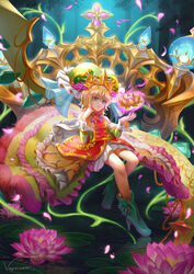  blonde_hair blue_eyes boots brave_frontier crossed_legs crown dress female flower hat high_heel_boots high_heels long_dress lotus lotus_pedestal luly nature plant short_hair solo vayreceane veil 