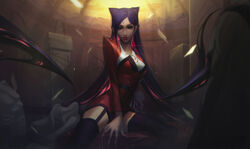  absurdres alternate_costume between_legs black_hair breasts closed_mouth commentary english_commentary evelynn_(league_of_legends) female garter_straps hair_horns hand_between_legs highres jacket large_breasts league_of_legends long_hair long_sleeves looking_at_viewer red_jacket smile solo thighhighs very_long_hair vincent_t_(oriaarts) 