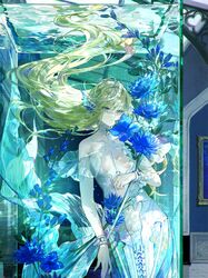  arch blue_flower dahlia dogwood_(flower) dress female fins floating_hair flower flower_request frilled_dress frills fuzichoco gentiana_(flower) glass_ceiling green_hair head_fins highres holding holding_flower indoors long_hair mermaid monster_girl original picture_frame plant plunging_neckline restraints scales solo swept_bangs underwater very_long_hair water_tank white_dress wrist_cuffs 