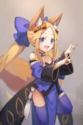  :d abigail_williams_(fate) animal_ear_fluff animal_ears blonde_hair blue_eyes blue_kimono blue_thighhighs blush breasts commentary cosplay double_fox_shadow_puppet fate/extra fate/grand_order fate_(series) female forehead fox_ears fox_shadow_puppet fox_tail highres japanese_clothes kimono long_hair looking_at_viewer miya_(miyaruta) open_mouth parted_bangs small_breasts smile solo tail tamamo_(fate) tamamo_no_mae_(fate/extra) tamamo_no_mae_(fate/extra)_(cosplay) thighhighs 