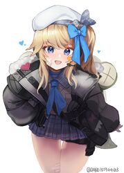  :d ascot bag bandage_on_face bandages beret blonde_hair blue_bow blue_eyes blush bow coat cowboy_shot dano female fur_collar girls&#039;_frontline girls&#039;_frontline_2:_exilium hairbow hand_on_own_hip hat headset heart long_hair long_sleeves looking_at_viewer open_mouth pleated_skirt shoulder_bag side_ponytail sidelocks skirt smile solo twitter_username vepley_(girls&#039;_frontline_2) white_background white_hat 