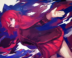  arm_behind_back black_shirt blue_bow bow breasts cloak commentary covered_mouth cowboy_shot female hairbow highres hoshiringo0902 long_sleeves looking_at_viewer medium_breasts open_hand outstretched_arm red_cloak red_eyes red_hair red_skirt sekibanki sekibanki_day shirt short_hair skirt solo standing touhou tsurime 