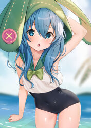  animal_ears arm_behind_head arm_up black_one-piece_swimsuit blue_eyes blue_hair blue_sky blurry blurry_background bow cloud commentary_request commission covered_navel date_a_live day depth_of_field fake_animal_ears female green_bow green_sailor_collar hair_between_eyes highres hood hood_up leaning_forward long_hair looking_at_viewer one-piece_swimsuit outdoors pixiv_commission rabbit_ears sailor_collar school_uniform serafuku shirt sky sleeveless sleeveless_shirt solo standing swimsuit swimsuit_under_clothes water white_shirt yan_(nicknikg) yoshino_(date_a_live) 