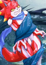  anthro bandai_namco betelgammamon bound claws clenched_teeth codpiece coiling digimon digimon_(species) digimon_ghost_game hi_res male red_body scalie scarf solo teeth vfcou yellow_eyes 