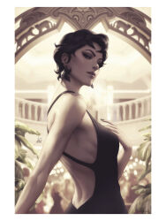  absurdres black_hair blurry bokeh breasts comic_cover dc_comics depth_of_field dress earrings female from_behind highres jewelry looking_at_viewer looking_back official_art selina_kyle short_hair signature sleeveless sleeveless_dress solo_focus stanley_lau 