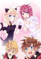  2boys 2girls alternate_costume animal_ears animal_hands anoko_(darenokoanoko) bell blonde_hair blue_eyes blush brown_hair cat_ears closed_mouth commentary_request covering_own_mouth fake_animal_ears gloves hair_between_eyes hand_on_own_face jingle_bell kairi_(kingdom_hearts) kingdom_hearts kingdom_hearts_iii long_hair looking_at_another looking_at_viewer multiple_boys multiple_girls namine neck_bell open_mouth paw_gloves pointy_hair rabbit_ears red_hair roxas short_hair sora_(kingdom_hearts) sweatdrop 