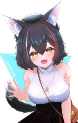  absurdres animal_ear_fluff animal_ears bag bare_arms bare_shoulders beret black_hair black_hat black_skirt blush breasts brown_bag character_name cleavage double-parted_bangs female hair_between_eyes halter_shirt halterneck handbag hat high-waist_skirt highres hololive large_breasts leaning_forward looking_at_viewer multicolored_hair official_alternate_costume ookami_mio ookami_mio_(street) open_mouth red_hair see-through see-through_cleavage shatiku_72 shirt short_hair skirt sleeveless sleeveless_shirt smile solo streaked_hair tail upper_body virtual_youtuber waving white_shirt wolf_ears wolf_girl wolf_tail yellow_eyes 