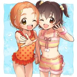  2girls akagi_miria bare_shoulders bikini bikini_shorts black_hair blue_background blush border bow bowtie brown_eyes brown_hair collarbone commentary_request cowboy_shot dot_nose flat_chest frilled_one-piece_swimsuit frills hair_ornament hairclip hand_up heart holding_hands idolmaster idolmaster_cinderella_girls idolmaster_cinderella_girls_starlight_stage looking_at_viewer multiple_girls nanonin navel one-piece_swimsuit one_eye_closed open_hand open_mouth orange_one-piece_swimsuit outside_border pink_armband pink_bow pink_bowtie polka_dot polka_dot_one-piece_swimsuit polka_dot_swimsuit pom_pom_(clothes) pom_pom_hair_ornament reaching reaching_towards_viewer ryuzaki_kaoru short_hair shorts signature smile standing swimsuit teeth thick_eyebrows two-tone_bikini two_side_up upper_teeth_only white_border yellow_eyes 