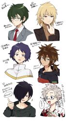  6+boys :/ aiba_ibuki alternate_hairstyle atou_haruki black_hair black_jacket blonde_hair blood blood_on_clothes blue_eyes brown_shirt brown_sweater closed_mouth collared_shirt commentary_request diagonal-striped_clothes diagonal-striped_necktie glasses green_eyes green_hair grey_eyes grey_hair hair_between_eyes hair_over_one_eye hand_on_another&#039;s_chin hood hood_down hooded_jacket isoi_reiji jacket kanou_aogu male_focus medium_hair medu_(rubish) multiple_boys necktie open_clothes open_jacket open_mouth otowa_rui_(saibou_shinkyoku) purple_eyes purple_hair red_eyes red_necktie ribbed_sweater saibou_shinkyoku sanpaku semi-rimless_eyewear shirt short_hair simple_background smile striped_clothes sweat sweater thumbs_up translation_request turtleneck turtleneck_sweater utsugi_noriyuki white_background white_jacket white_shirt 