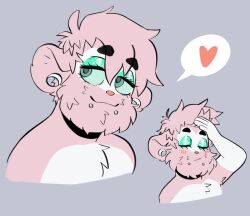  anthro beard blush blush_lines closed_eyes cricetid ear_piercing facial_hair facial_piercing fur gauged_ear green_sclera grey_background hair half-closed_eyes hamster heart_symbol hi_res jelly_jam_(sparkibarki) lip_piercing male mammal narrowed_eyes piercing pink_body pink_fur pink_hair rodent simple_background smile snakebite_piercing solo sparkibarki stud_piercing white_hair 