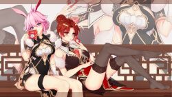  2girls animal_ears between_breasts black_dress breasts brown_thighhighs china_dress chinese_clothes chinese_new_year closed_mouth dress fingerless_gloves fox_ears gloves highres hongbao honkai_(series) honkai_impact_3rd kallen_kaslana kiana_kaslana large_breasts multiple_girls murata_himeko murata_himeko_(vermillion_knight) ninja no_shoes pink_hair purple_eyes red_dress red_hair smile thighhighs white_gloves yae_kasumi yae_sakura yan96816 yellow_eyes zoom_layer 